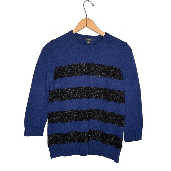 Ann Taylor | Navy and Black Fuzzy Stripe Cashmere Blend Sweater Size Medium - Picture 1 of 5